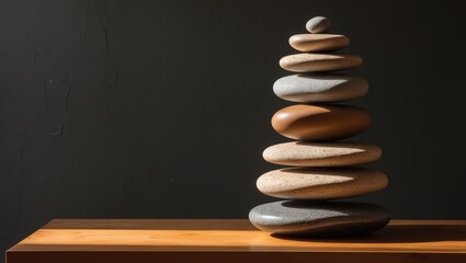 Stone sculpture on a warm wooden surface. Dark background.
