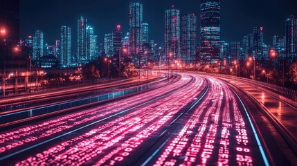 Fototapeta premium Night city highway, glowing code streaks