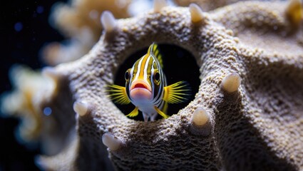 Striped Poison-fang Blenny Mimic, peering out from within a Coral.