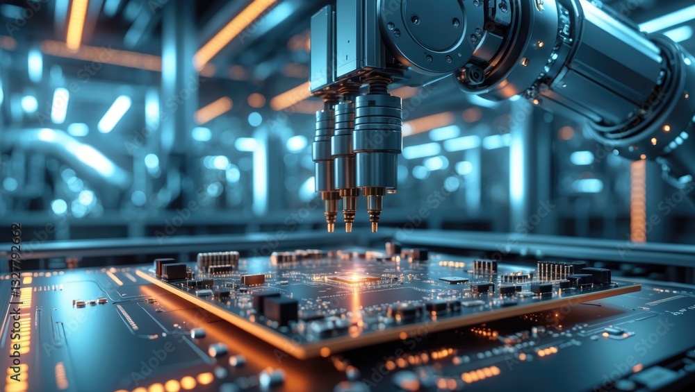 Poster selective focus on pcb circuit board. automation in the machine industry for circuit board assembly 