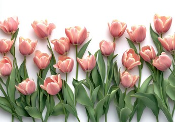 Obraz premium A Beautiful Arrangement of Pink Tulips with Lush Green Leaves on a White Background for Vibrant Spring Decor or Floral Inspiration