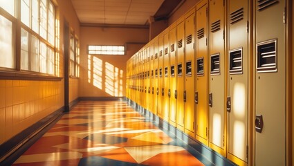 Sunlight illuminates vacant school corridor, with numbered lockers along the wall.