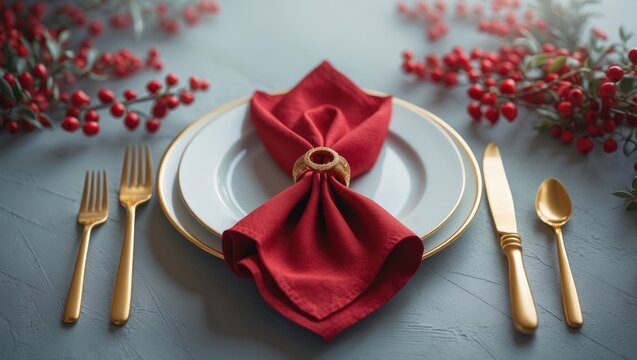 Stylish table arrangement featuring a red fabric napkin, an elegant decorative ring, and festive embellishments.