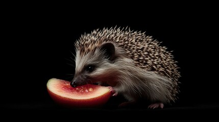 Obraz premium A small hedgehog enjoys a slice of red fruit against black background