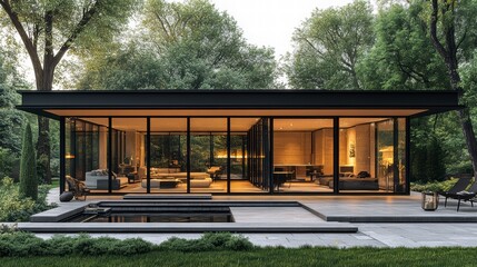Fototapeta premium Glass House Oasis: Capturing the serenity of modern living with this sleek glass house, seamlessly blending indoor and outdoor spaces surrounded by lush greenery and a tranquil pool.