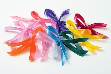 Fototapeta premium Colorful satin ribbons arranged in a starburst pattern on a white background.