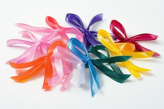 Colorful satin ribbons arranged in a starburst pattern on a white background.
