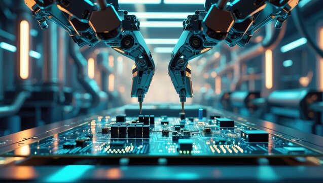 Selective focus on PCB circuit board. Automation in machine industry for assembly of circuit board in a smart factory for component production. Blue tone with flared light.
