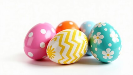 Colorful handmade Easter eggs perfectly arranged and isolated on a white background.