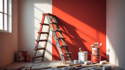 Step ladder and decorating tools beside a painted wall