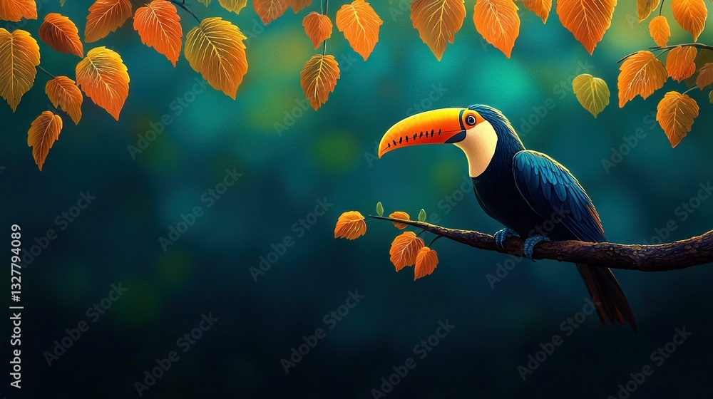 Poster a painting of a toucan bird perched on a tree branch with autumn leaves blowing in the foreground