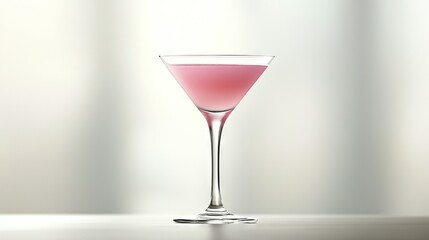   A pink cocktail in a wine glass sits atop a table, set against a hazy backdrop