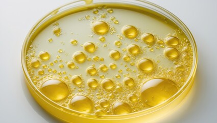 Drop of yellow oil swatch texture in a petri dish close-up with bubbles, cosmetics for face and body, science, laboratory set against a white background.