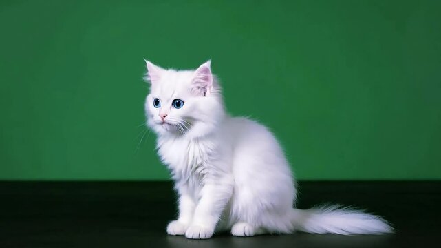 A tiny fluffy white kitten sitting on a green screen background, ideal for pet videos, advertising, and digital assets.