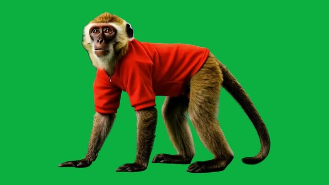 A playful monkey wearing a red T-shirt standing on a green screen background, perfect for fun content, advertising, and digital editing projects.
