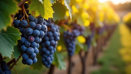 Fototapeta premium Close-up of ripe purple grapes hanging on the vine, poised for harvest. The warm light highlights the grapes, creating a lovely and inviting atmosphere.