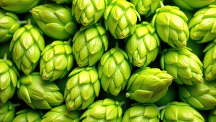 Close-up full frame background pattern of fresh green hops, a key ingredient for herbal medicine, viewed from an elevated perspective, directly above.