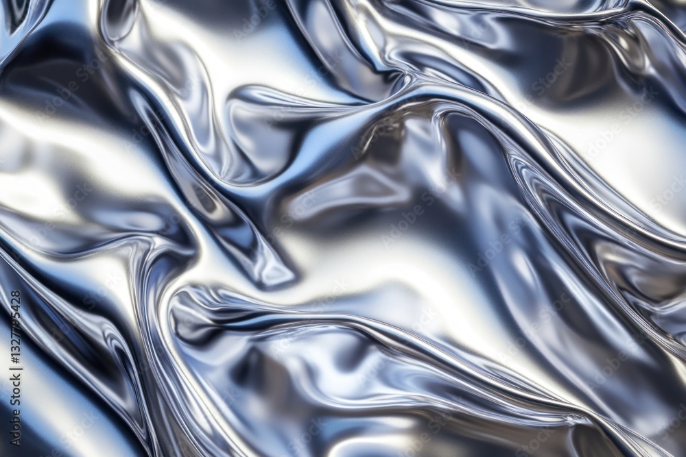 Poster A close-up view of flowing metallic fabric, showcasing intricate folds and reflections, creating a dynamic visual effect ideal for backgrounds or design elements