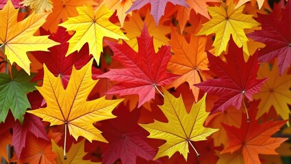 Obraz premium Colorful backdrop of autumn maple tree leaves in close-up. Multicolored maple leaves as background. High-resolution quality image.