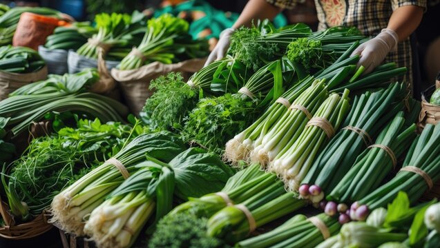 Taugeh (Bean sprout), Sawi Pahit (Napa cabbage), Lamiding (Stenochlaena), and Kacang Panjang (Long beans) available for sale at the market.