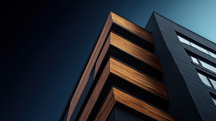 A stunning close-up of an apartment building featuring dark charcoal exterior walls and rich teak wood panels