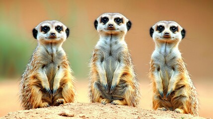 Fototapeta premium Three meerkats standing together on a hill with blurry background
