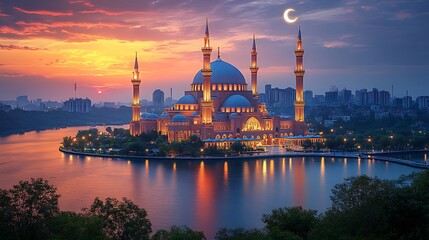 Obraz premium Grand Mosque with Minarets Glowing at Sunset, Reflecting on Calm Waters