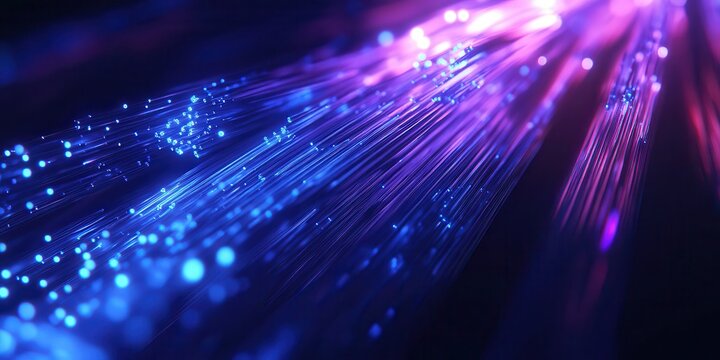 Vibrant blue and purple fiber optic cables create a dynamic display of light and technology.