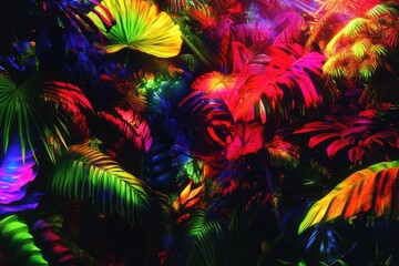 Illuminated jungle foliage in an array of vibrant and saturated colors