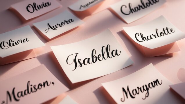 Paper stickers featuring various names on a pink background, closeup. Selecting a baby's name.