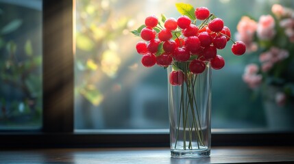 Red cherries in a glass vase by a window