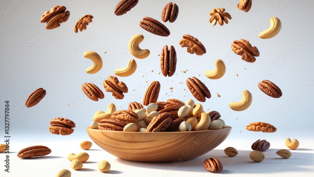 Poster pecan and various nuts dropping into a wooden bowl set against a backdrop.
