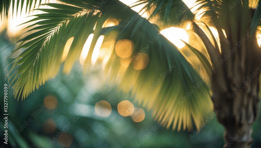Poster copy space of blurred palm leaf tree with bokeh sunlight abstract texture background. ecology and en