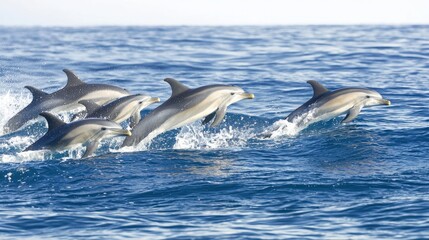Fototapeta premium Dolphins Joyfully Leaping Over Sparkling Ocean Waves in Open Water