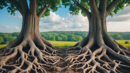Strong partnership and foundation as a business concept highlighting stability and loyalty, illustrated by two trees with interconnected roots symbolizing agreement and joining forces for success.