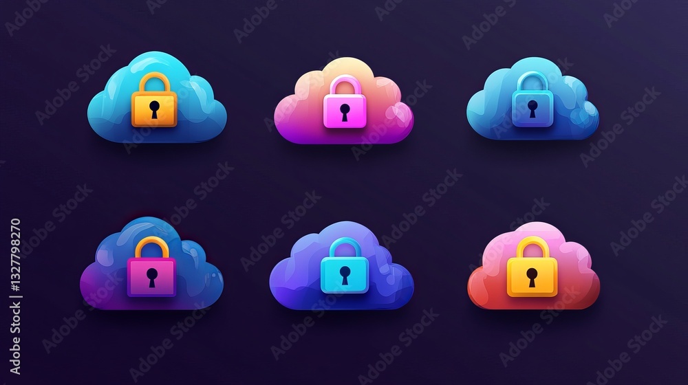 Poster secure cloud computing data protection digital safety padlock icons colorful gradient cloud storage 