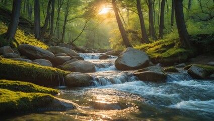 Stream of water flowing through rocks, encircled by trees. Water seems to cascade down the hillside. The scene is tranquil and picturesque.