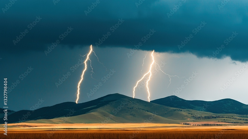 Poster a lightning strike appears in the sky, illuminating a distant mountain range with towering peaks in 