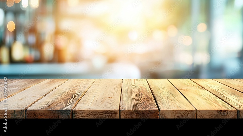 Poster a sharp image of a cityscape with clear buildings behind a wooden table top