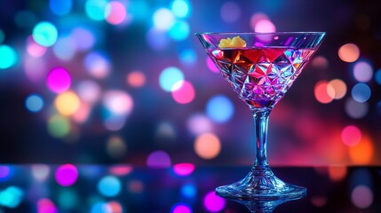 Obraz premium Elegant Crystal Martini Glass Cocktail Nightclub Purple Pink Blue Neon Lights Festive Drink Alcoholic Beverage Party Celebration Nightlife Shiny 