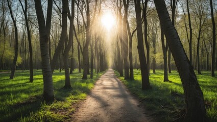 Fototapeta premium Sunlight filtering through trees onto a pathway in a spring beech tree forest.
