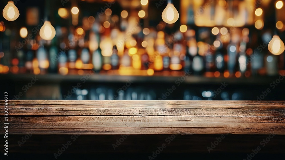 Poster a wooden table top in front of a well-defined bar with distinct bottles of alcohol in the background