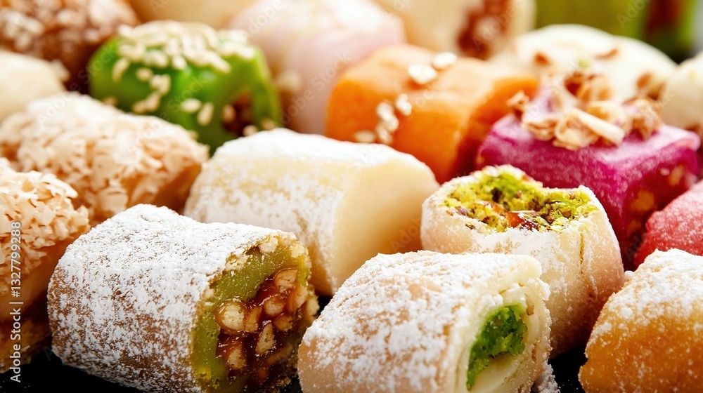 Poster a close-up of several donuts coated in powdered sugar and adorned with nuts