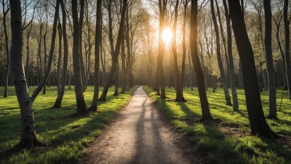 Fototapeta premium Sunlight streaming through trees onto a path in a spring, beech tree forest.