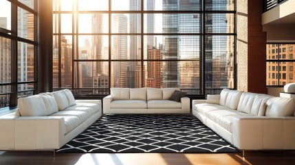 Naklejka premium A stylish and sophisticated urban living room with an open layout, featuring large windows that let in ample sunlight