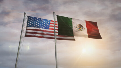 Mexico and USA waving flags 3d illustration