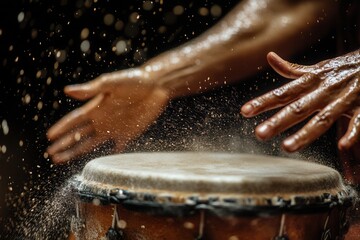 Close-up of hands playing a drum with energy and precision, as particles fly against a dark background.