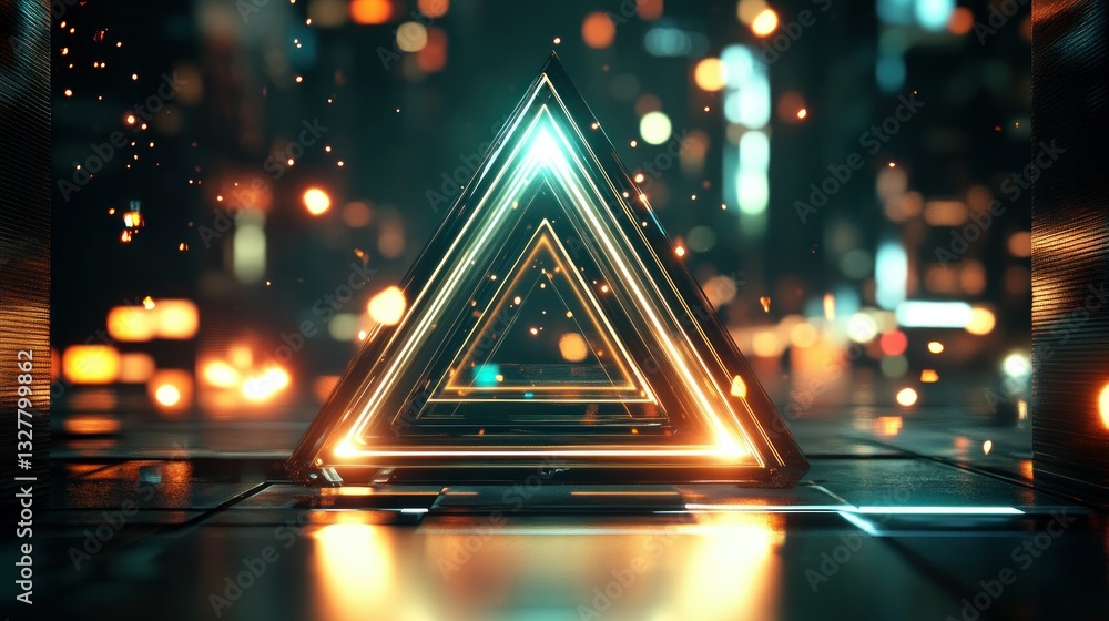 Poster a futuristic glowing triangle structure with light effects in depth