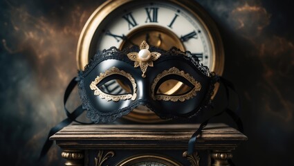 Photo of an elegant black and gold mask against a grunge backdrop.