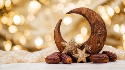 Wooden Crescent Moon Dates Stars Festive Ramadan Decor